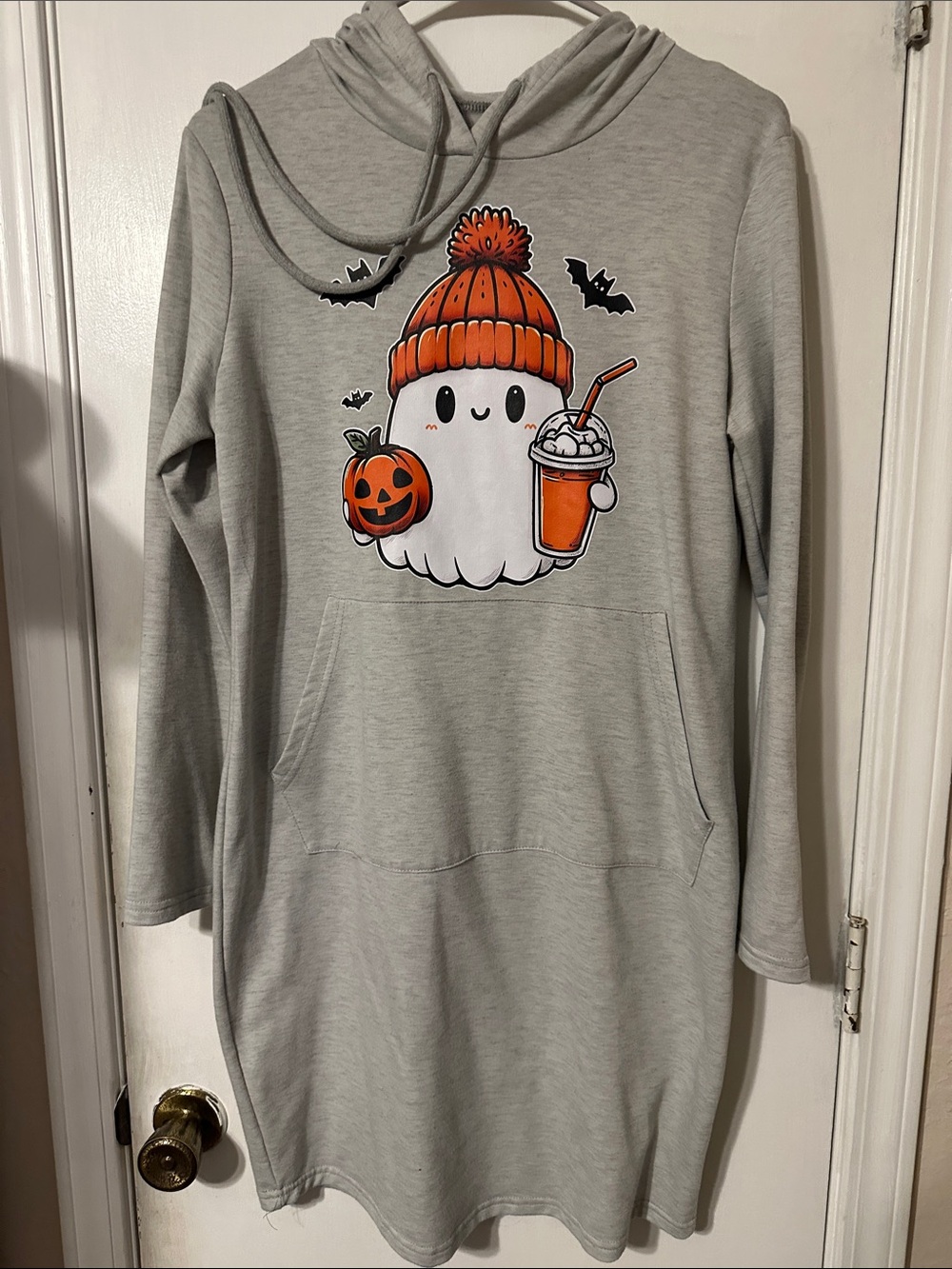 Grey Hooded Midi Dress with Halloween Ghost Graphic